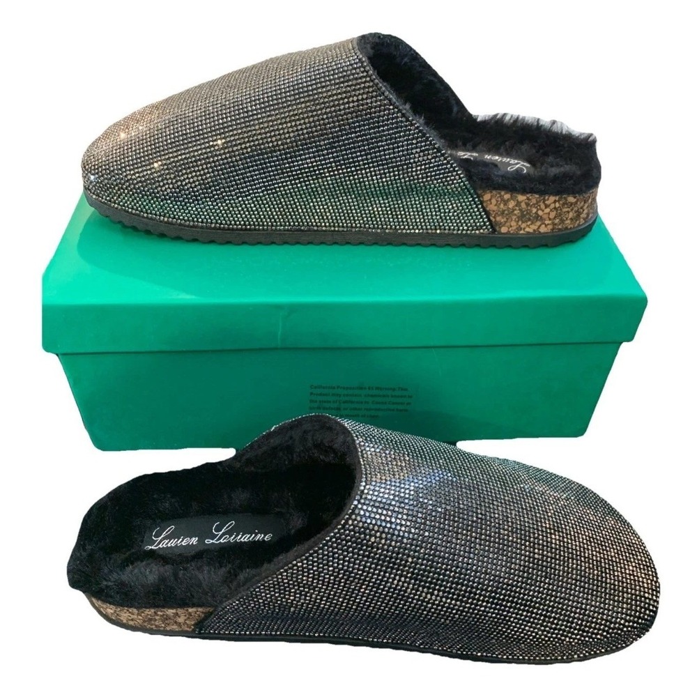 Lauren Lorraine Womens Rhinestone Fur Lined Cork Clog Mules Black Crystal 5.5